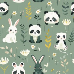 Fototapeta premium Adorable Baby Animals Frolicking in a Lush Meadow - Bunny, Panda, Playful, Wildlife, Cute, Sweet, Furry, Nature, Green, Joyful, Fluffy, Innocent, Outdoor, Baby, Mammal, Grass, Spring, Happiness,