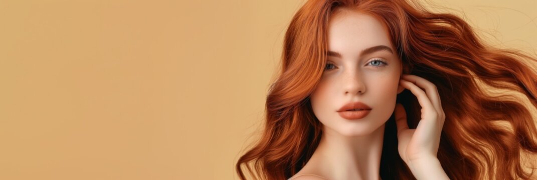 In a studio, an elegant redhead woman with wavy hair poses exuding allure, beauty, and sophistication. She embodies a classic and glamorous charm, showcasing chic and timeless elegance