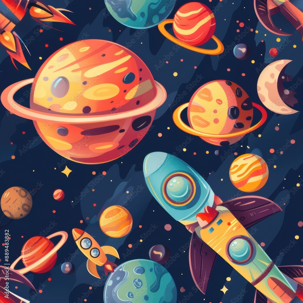 Wall mural fun and colorful cartoon planets and rockets in a playful outer space scene