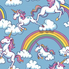 Obraz premium Vibrant Rainbows and Magical Unicorns Dancing Joyfully in the Fluffy Clouds