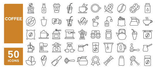 Set of 50 line icons related to coffee, maker machine, beans, paper cup, cafe shop, grinder, Editable stroke. Vector illustration