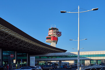 Connecting structure and control tower at Fiumicino AirPort in Rome, Italy