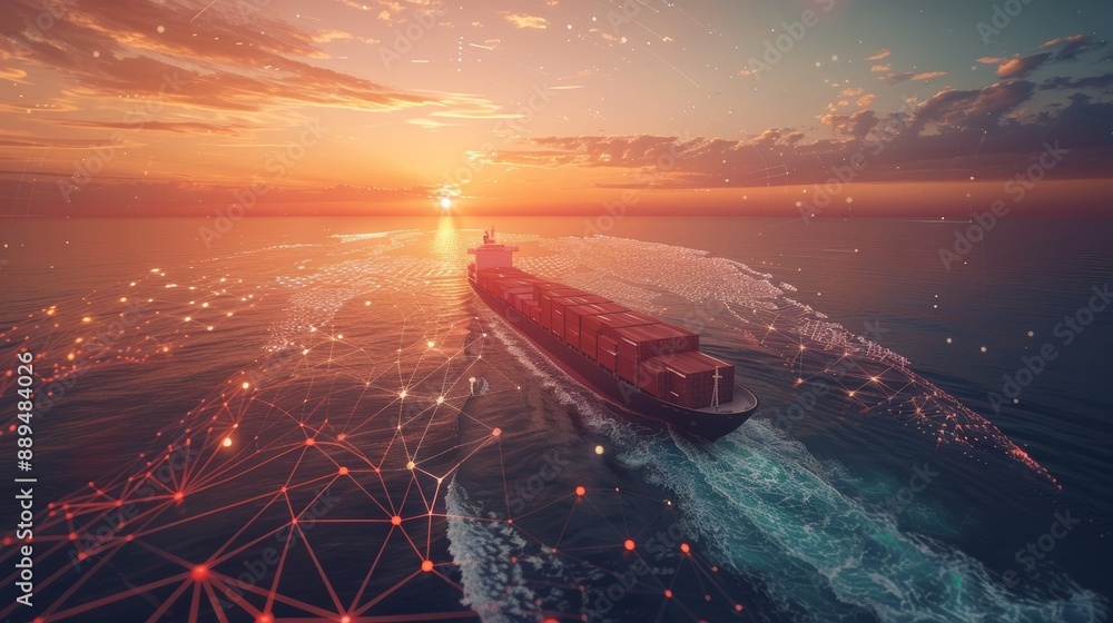Poster technology-driven global logistics on world map holographic lines container ship. cargo container sh