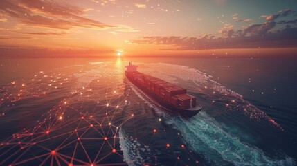 Technology-driven global logistics on world map holographic lines container ship. Cargo container ship futuristic global logistics international delivery concept.