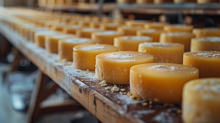 “A selection of various artisanal cheeses displayed on wooden surfaces inside a private creamery.