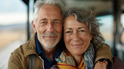 An older couple, both embracing and smiling warmly, enjoys a peaceful moment together on a scenic train journey, emphasizing love and affection in the beautiful outdoors.