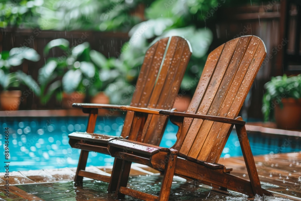 Poster cozy wooden deck with chairs by the pool creating a serene and inviting atmosphere perfect for relax