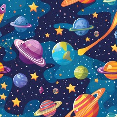 Whimsical Cartoon Galaxy with Stars and Planets - Colorful Outer Space Exploration in Fun Cartoon Style