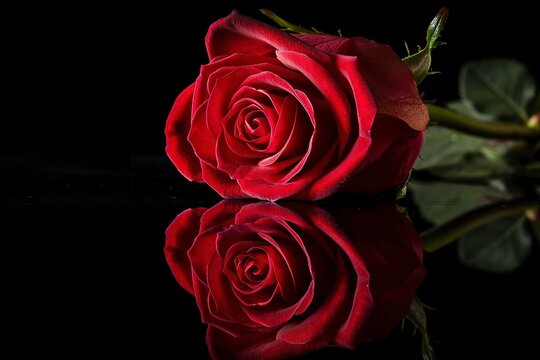 red rose with reflection isolated on black background