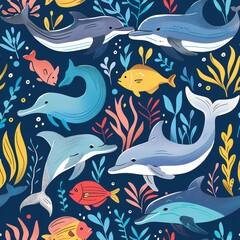 Obraz premium Playful Dolphins and Colorful Fish Swimming in a Vibrant Aquarium Setting