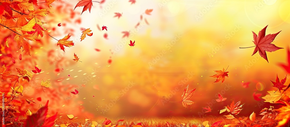 Poster vibrant autumn scene with red and orange maple leaves on a colorful meadow background for text on a 