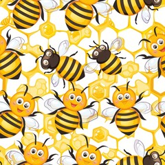 Joyful Bees Buzzing Around Colorful Honeycombs in a Vibrant Hive Delightful Nature Background