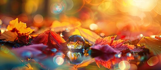 Seasonal autumn background with copy space image featuring colorful fall leaves on the forest floor and sunlight reflected in a water droplet.