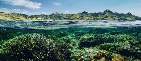 Obraz premium Underwater vegetation and coastal sandy hills provide a scenic backdrop in a photograph with ample empty area for additional text or images.