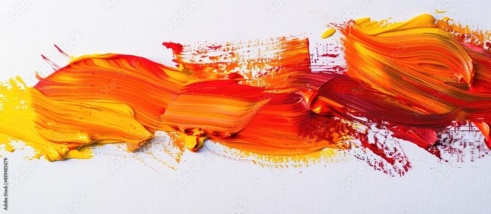 Poster red and yellow paint strokes create background texture on white paper with copy space image.