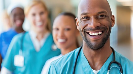 A diverse group of smiling healthcare professionals, including doctors and nurses in scrubs, standing in a hospital corridor and exuding warmth and confidence.