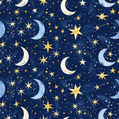 Fototapeta premium Dreamy Night Sky with Whimsical Stars and Moons - Magical Celestial Background