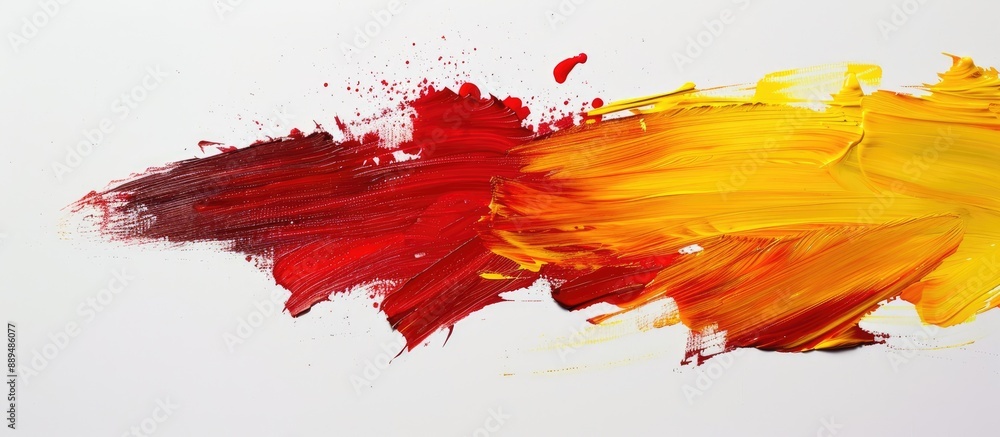 Poster red and yellow paint strokes create background texture on white paper with copy space image.