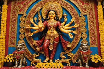 Fototapeta premium Goddess Durga idol at decorated Navratri festival pandal.