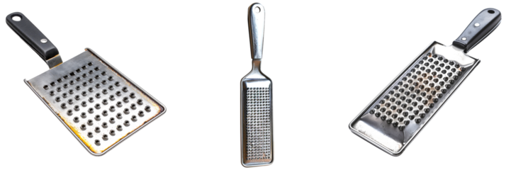 A set of 3 Graters on a transparent background, kitchen items, equipment, utensils, dining room, Galley, cooking, Gastronomy, nutrition, utensils, png file, cut off bg, alpha channel