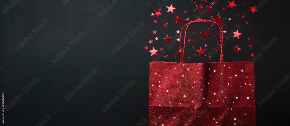 Poster red shopping bag with star design on a black backdrop, providing room for text in a copy space image