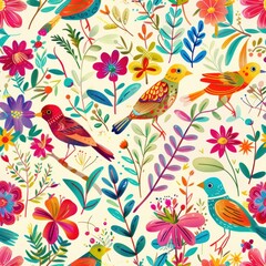 Vibrant Garden Delight - Cheerful Birds and Flowers Amid Colorful Blooms