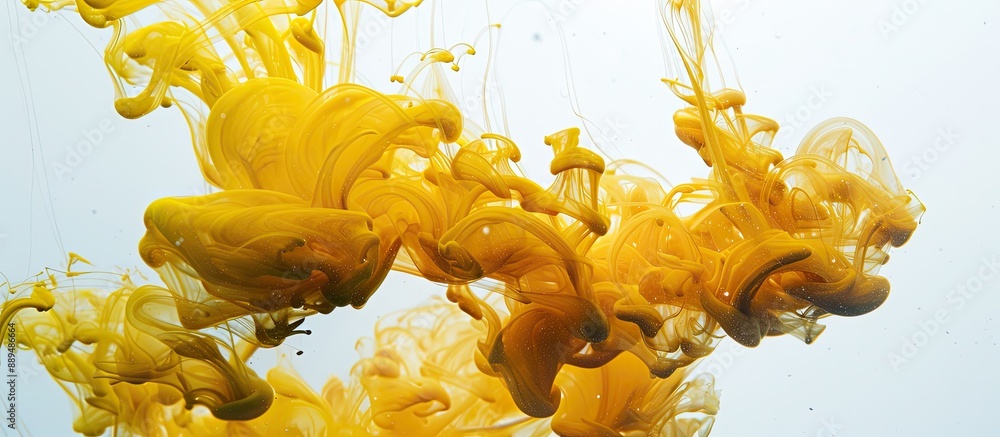 Poster yellow ink swirls underwater against a white backdrop, creating an image with space for text. this c