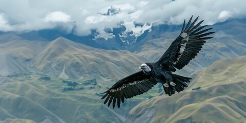 Andean Condor soaring over mountain range in cloudy sky