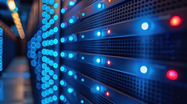 Digital Security Concept - Close-up of a Secure Server Room with Blue Lights for Technology Background, Copy Space Available for Text Overlay