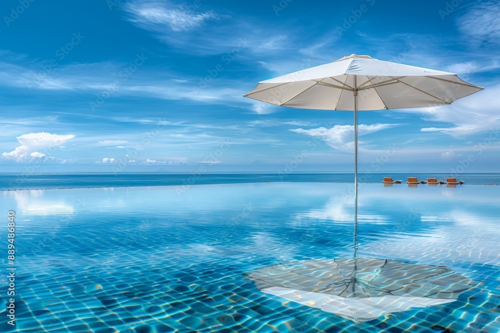 Poster tranquil poolside setting with a white umbrella creating a serene and inviting atmosphere perfect fo