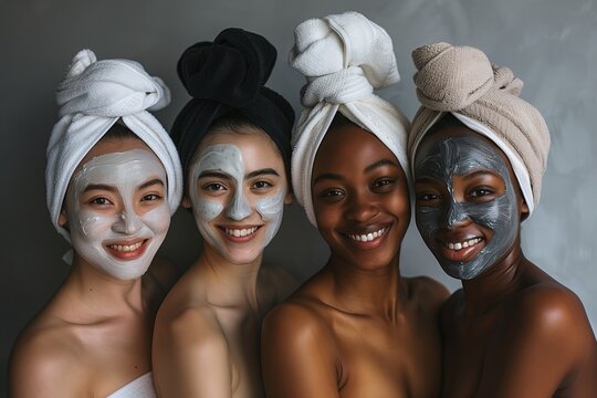 A varied group of women are enjoying a skincare ritual by applying face masks, exuding confidence and joy, and strengthening their bond through shared moments of relaxation and pampering
