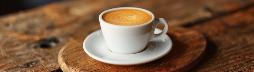 Obraz premium A white coffee cup with a brown swirl on top sits on a wooden table. Concept of relaxation and comfort