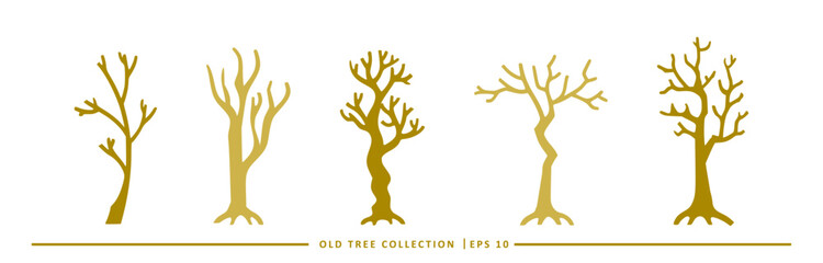 Set of five vector illustrations of bare trees with brown silhouettes on a white background.