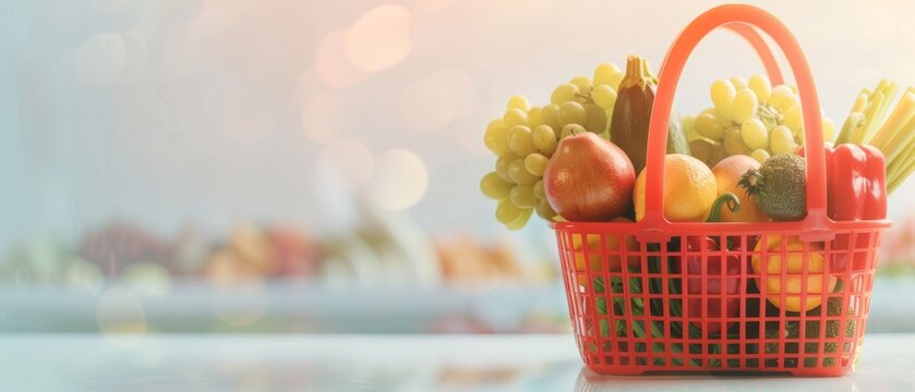 Fresh Market Selection - Vibrant Close-Up of Red Shopping Basket Overflowing with Fruits, Vegetables, and Groceries in Well-Lit Supermarket