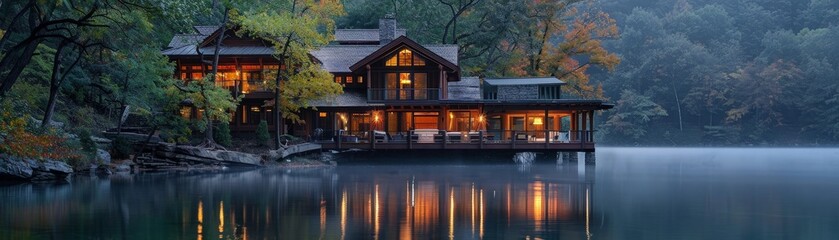 Obraz premium Cozy lakeside cabin with warm lights reflecting on a serene lake surrounded by lush forest in autumn evening.