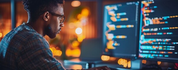 Focused developer working on code at night with dual monitors, highlighting programming and technical skills in a modern workspace.