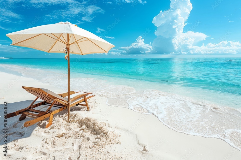 Poster Stunning beach scene with a white umbrella on pristine sand creating a serene and inviting atmosphere perfect for a relaxing summer day