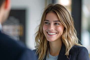 Fototapeta premium Smiling businesswoman talking to businessman