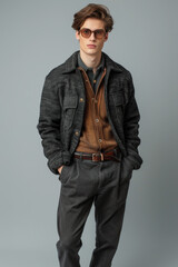 Obraz premium 37 A fashionable male model in chic clothing posing with confidence, full body, simple solid background, studio lighting, a minimalist composition,