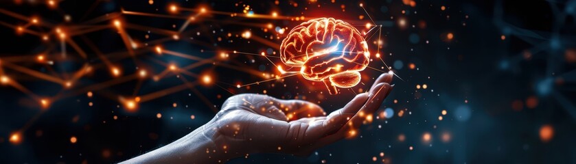 Innovative representation of artificial intelligence and neural network, showcasing a futuristic virtual brain in the palm of a hand.