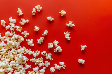 Spilled popcorn on a red background