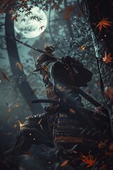 Lone samurai warrior crouches in a moonlit forest ready to strike