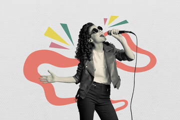 Creative collage picture young girl sing microphone stage performance audio music festive event weekend drawing background