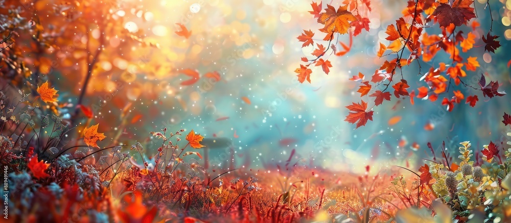 Poster vibrant autumn scene with red and orange maple leaves on a colorful meadow background for text on a 
