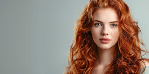 Fototapeta premium In the portrait, a mesmerizing redhaired woman with wavy hair and natural makeup radiates elegance and confidence in a modern, aesthetic photography style, showcasing beauty and allure