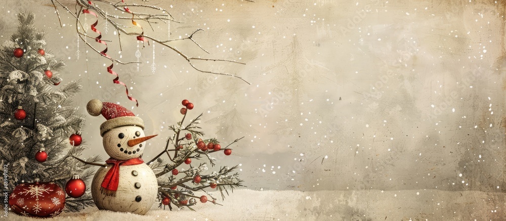 Poster vintage background with a santa claus ball, snowman, and tree adorned with streamers, perfect for ad
