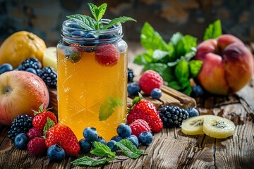 Tasty kombucha mint and fresh fruits on wooden table