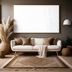 A clean white poster in the room on the wall above the sofa.
