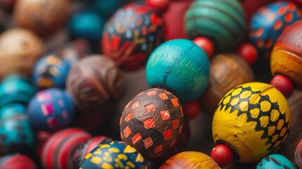 Fototapeta premium Close-up of colorful wooden beads with intricate patterns, showcasing vibrant colors and detailed craftsmanship, perfect for jewelry making.
