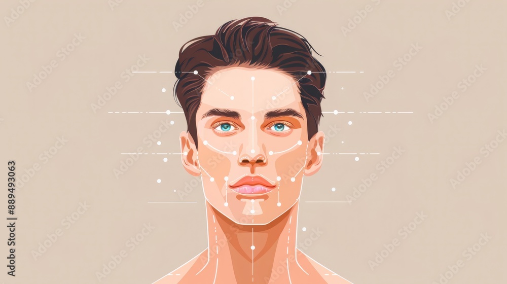 Poster a digital illustration of a man's face with lines and dots overlaid, resembling facial mapping techn